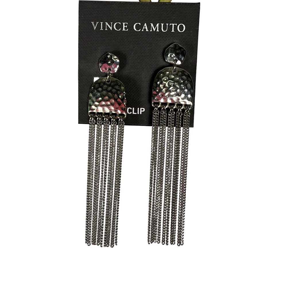 Vince Camuto Silver Hammered Chain Fringe Clip On Drop Earrings VJ-402554-SILVER